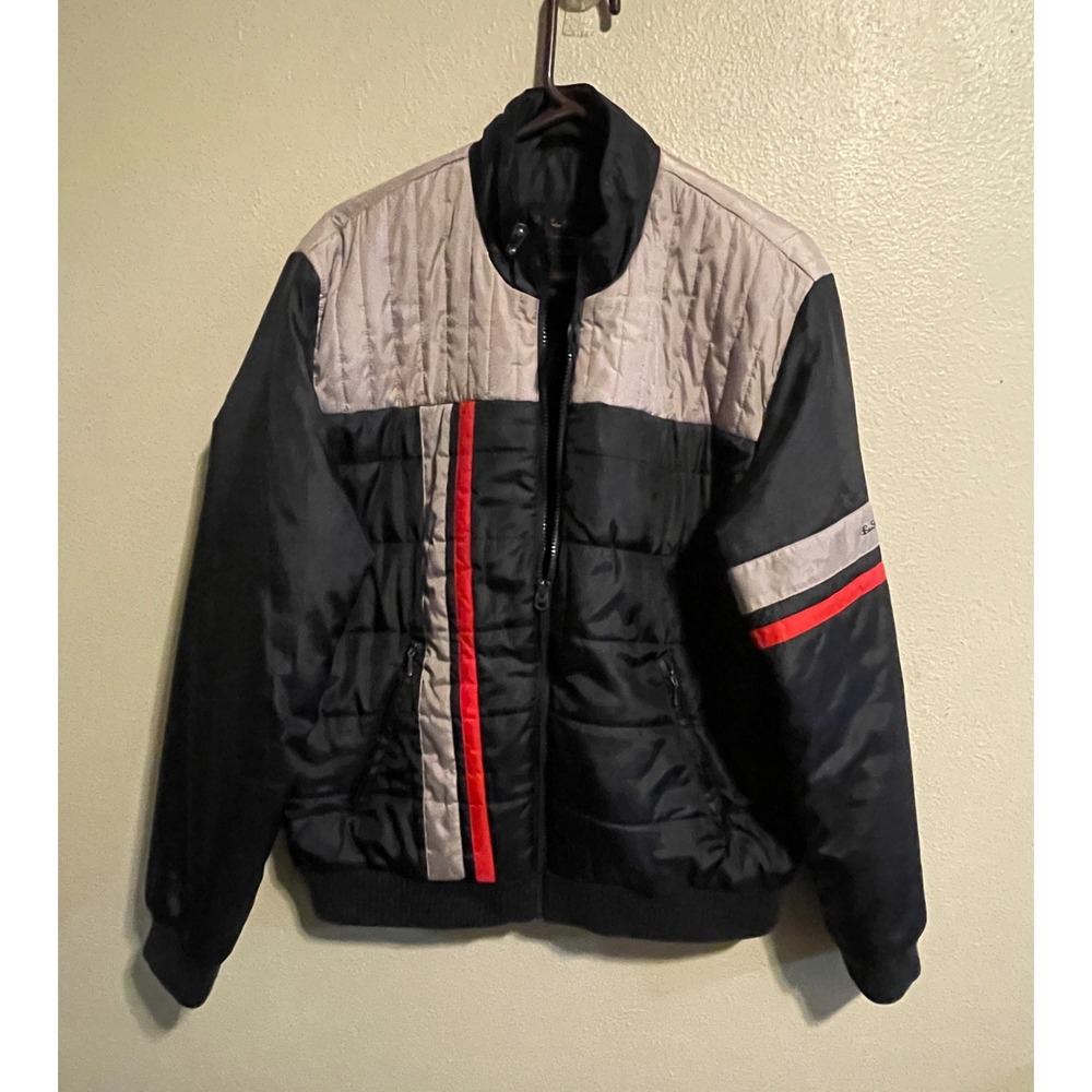 Vintage Ben Sherman Quilted Bomber Jacket Black‎ Gray Red Stripe Mens Size L